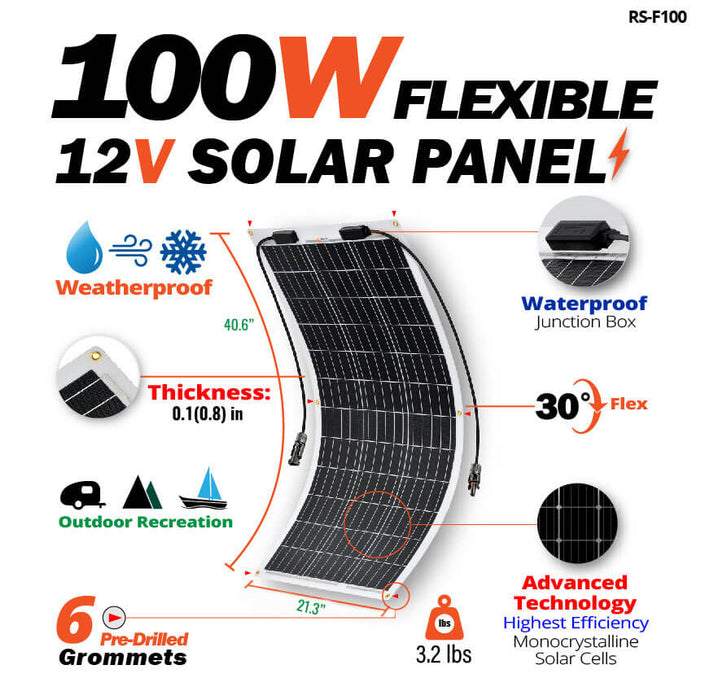 Rich Solar MEGA 100 FLEX | 100 Watt Monocrystalline Solar Panel | Best 12V Flexible Panel for VAN RVs and Off-Grid | High Efficiency