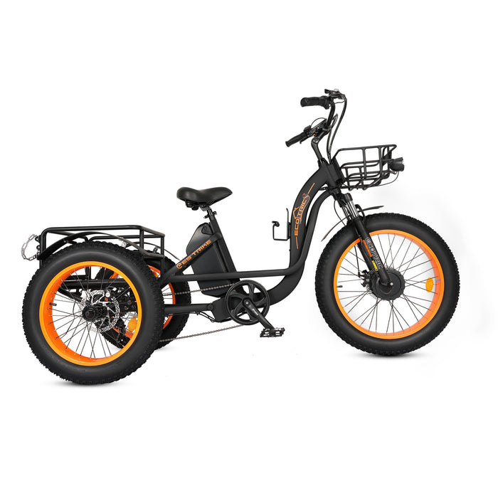 Ecotric 48V 24"x4.0 Front 20"x4.0 Rear Tires Tricycle electric bike with Front Basket + Rear Rack-Ecotric