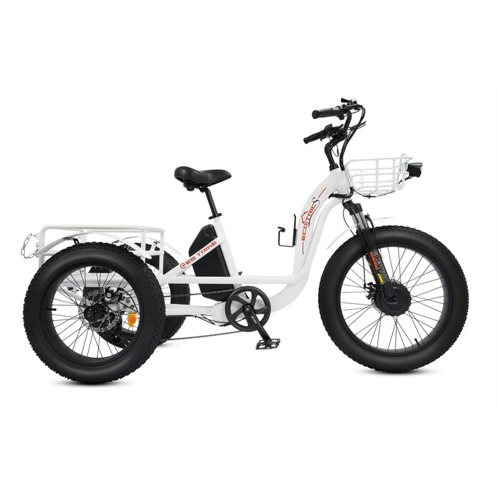 Ecotric 48V 24"x4.0 Front 20"x4.0 Rear Tires Tricycle electric bike with Front Basket + Rear Rack White-Ecotric