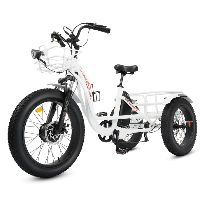 Ecotric 48V 24"x4.0 Front 20"x4.0 Rear Tires Tricycle electric bike with Front Basket + Rear Rack White-Ecotric