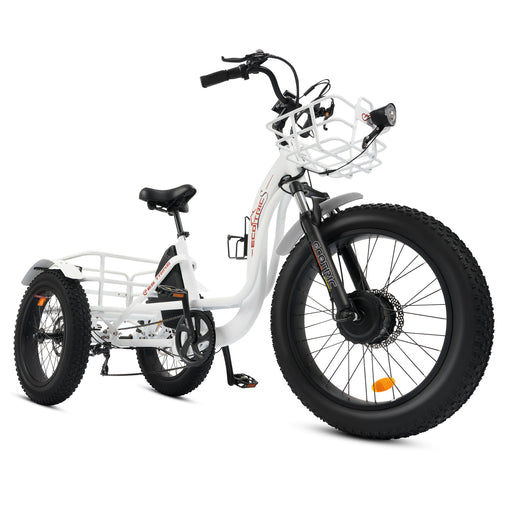 Ecotric 48V 24"x4.0 Front 20"x4.0 Rear Tires Tricycle electric bike with Front Basket + Rear Rack White-Ecotric