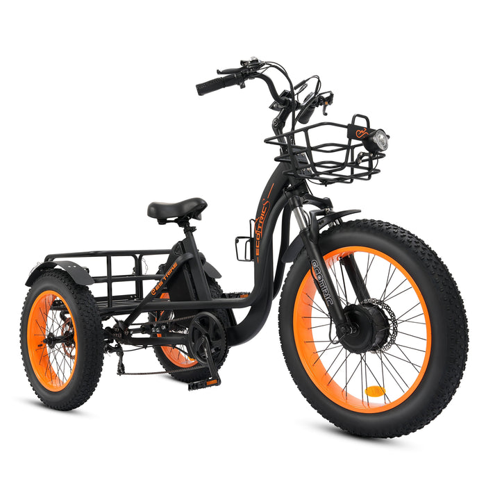 Ecotric 48V 24"x4.0 Front 20"x4.0 Rear Tires Tricycle electric bike with Front Basket + Rear Rack-Ecotric