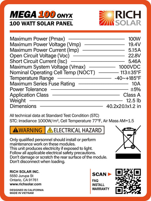 Rich Solar MEGA 100 ONYX | 100 Watt Monocrystalline Solar Panel | Best 12V Black Panel for VAN RVs and Off-Grid | 25-Year Output Warranty